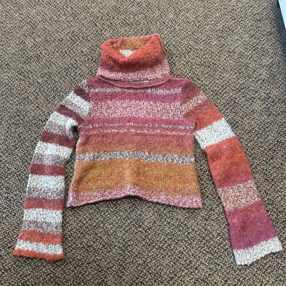 Free People Womens XS Striped Boucle Turtleneck Sweater Crop Flare Sleeve Multi